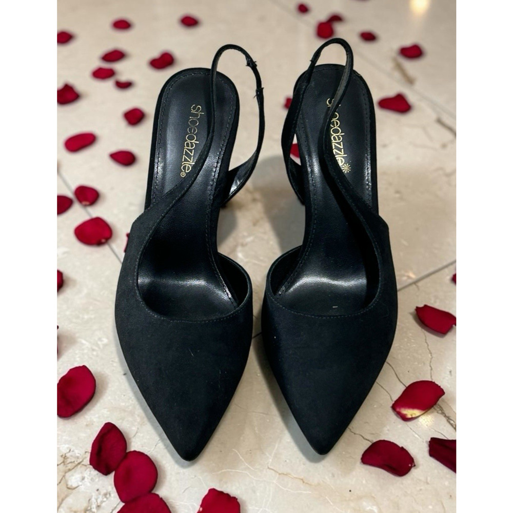 Shoe Dazzle Black Brit Sling-Back Flared Pump Heels Sz 8 Faux Suede 4" Heel - Picture 5 of 8